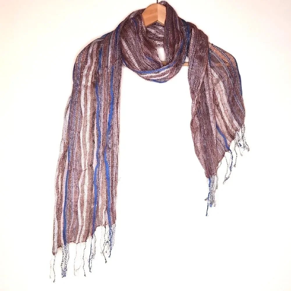Boho Striped Brown, White and Blue Accent Scarf